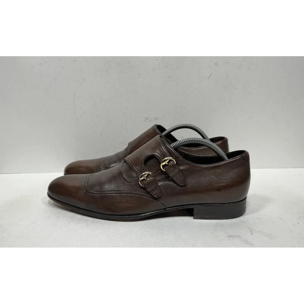 Gucci Brown Leather Double Monk Strap Buckle Dress Shoes Men's Size 9 US / 8 UK